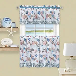 Achim Home Furnishings Coastal Tier Valance Window Curtain Set, 58 x 36, Blue