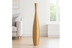 Leewadee Grande Vaso Da Terra: Alto Vaso Stile Boho In Legno Di Mango Per Rami Di Pampa, 105 cm, Oro
