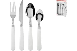 Home 756467 - Juego de cubiertos de 24 piezas, acero inoxidable, mango blanco, acero plástico