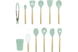 AEX Kitchen Utensils Set - 12 Pcs Cooking Utensils Set - Kitchen Utensils with Holder - Heat Resistant Silicone Utensil Set - Non-Stick Utensils with Wooden Handle - Spatula Utensil Set (Mint Green)