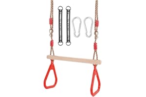 Morwealth Multifunktions Kinderholz Trapeze Schaukel mit Kunststoffringen Turnringe Ringe zum Aufhängen belastbar bis 120KG für Innen und Außenbereich (Rot)
