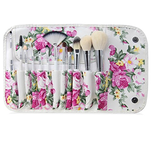 EmaxDesign 12 Stück Professionell Make-up Bürsten Set Ziegenhaar Rosa Handstück Grundierung Mischung Rouge Augen Gesicht Flüssig Pulver Creme Kosmetik Bürsten Sets Mit Rosenmuster Hülle - 4