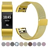 HUMENN Für Fitbit Charge 2 Armband, Luxus Milanese Edelstahl Handgelenk Ersatzband Smart Watch Armbänder mit Starkem Magnetverschluss für Fitbit Charge2, Groß Gold