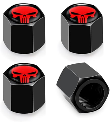 Center Cap Stickers Punisher Wheel Sticker & Valve Cap Bundle - 4 Hub Decals 4 Tire Stem Caps (Red) Skull Tire Valve Caps - Foto 5