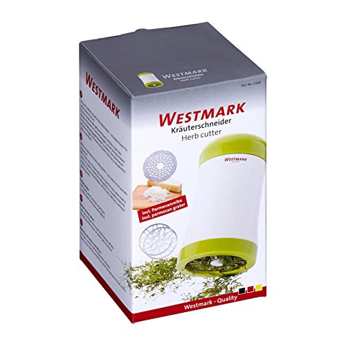 Westmark Kräuter-Schneider/Parmesan-Reibe, Mit austauschbaren, scharfen Einlege-Schneidscheiben, Kunststoff/Rostfreier Edelstahl, Weiß/Grün, 11602260 - 3