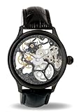 Davis – 0899 – Skeleton Mechanisch Herrenuhr mit sichtbarem Uhrwerk Schwarz – Armband aus schwarzem Leder