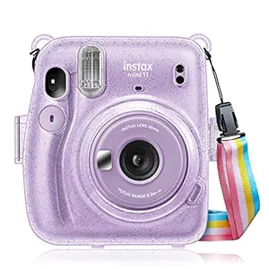 Fintie Protective Clear Case for Fujifilm Instax Mini 11 Instant Film Camera - Crystal Hard PVC Cover with Removable Rainbow Shoulder Strap, Glittering Purple