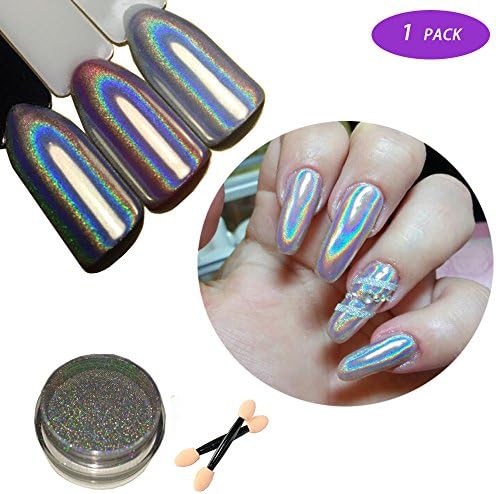 Holographic Nail Powder,ManMiao Laser Nail Art Rainbow Glitter Chrome Powder Pigments Gradient Color With Dual-head Nail Sponge
