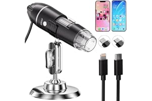 JURCHEN Digital Handheld Mini Microscope - 50X-1600X Magnification with 8 LED Light & Adjustable Stand - Compatible with iOS/Android