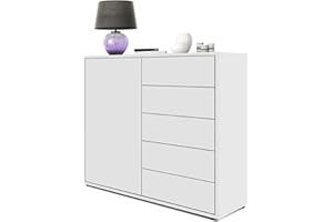 Vladon Cajonera Ben V2, Cómoda con 1 Puerta y 5 Cajones, Blanco Mate/Blanco Mate (79 x 74 x 36 cm)