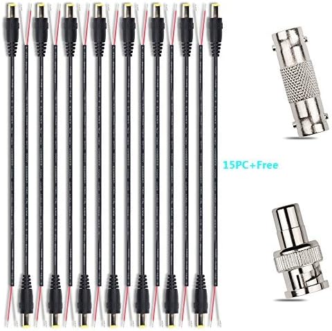 15pcs 1ft DC Male Wire Power Pigtail Adapter Barrel Plug Socket Cables with Free BNC Male to RCA Female and BNC Female to Female Jack for CCTV Security Camera DVR LED Strip Light