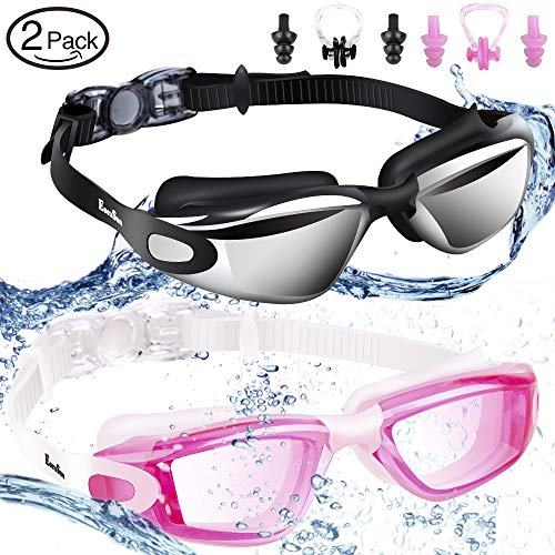 EocuSun Lunettes de Piscine, 2-Paires Lunettes de Natation de Placage/Transparent Anti-UV Anti-Brouillard Protection avec Grande Visibilité pour Adultes Hommes et Femmes, Noir/Rose