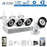 A-ZONE Kit Videosorveglianza WIFI 4 canali 960P wifi NVR + 4pcs 960P Telecamere Videosorveglianza Esterno Kit Telecamera WIFI IP con 1TB disco rigido