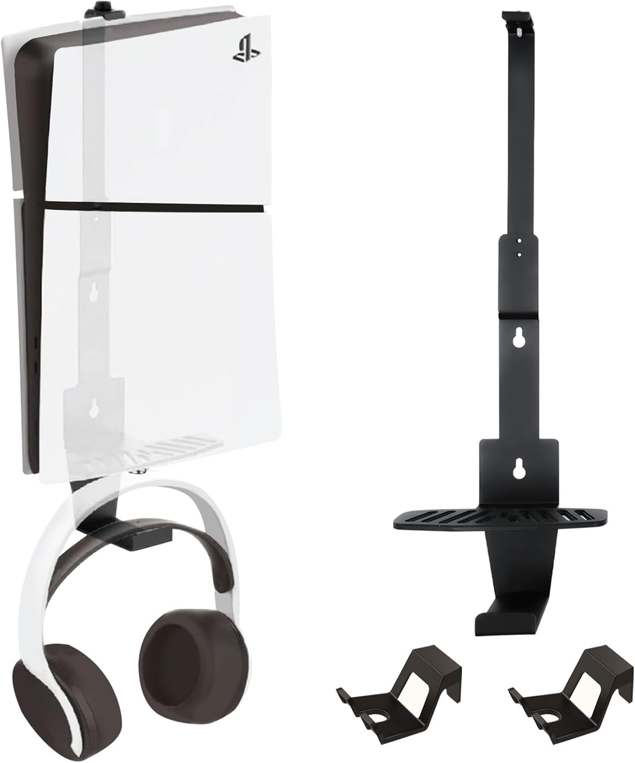 meiboshin PS5 Wall Mount, Heavy-Duty Steel Mount Kit for Protection & Cooling with 2 Controller Holder and Headset Holder,Compatible with All PS5 Models Including Slim, Pro, Original. (Black)