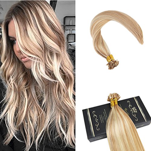 Ugeat 20 Pulgadas/50cm Flat Tip Cabello Humano Extensiones #27/613 Rubio Caramelo con Rubio Blanqueador Brasileno Pre Bonded Extensiones Cabello 1g/pieza 50g/paquete