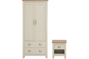 TAD TIMBER ART DESIGN UK Timber Art Design UK Lisbon 2 Door Wardrobe, Oak Top Cupboard with Hanging Shelf, Metal Handles and Bedside Table with 1 Drawer, Modern Furniture Storage Organizer For Bedroom, Living Room, Cream