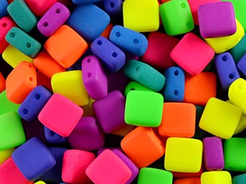 40 pcs Czech Glass Tile Beads 2 Holes ESTRELA NEON (UV Active) 6x6x3.2 mm Mega Mix