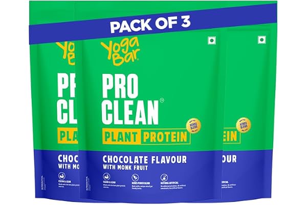 Yogabar ProClean Plant Protein Powder - 25g Protein Per Serve - Chocolate Flavour with Monk Fruit Sweetener - No Added Preservatives, No Added Sugar (500g Pouch x 3)