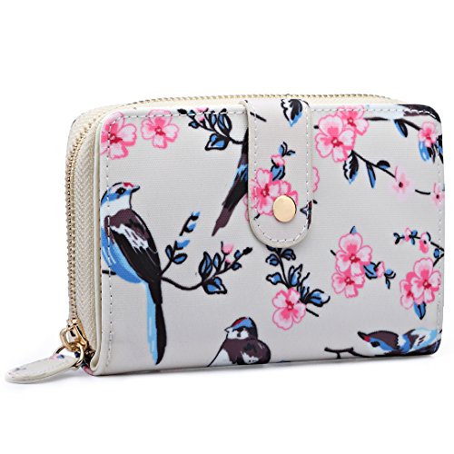 Miss Lulu Women Grey Flower Bird Purse Oilcloth Short Wallet Clutch Hand Bag (1580-16J Beige)
