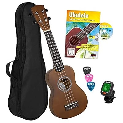 CASCHA HH 3956 DE Ukulélé Soprano Bundle avec cordes AQUILA, sac de rangement , formation au ukulélé en allemand (+DVD), accordeur et 3 médiators