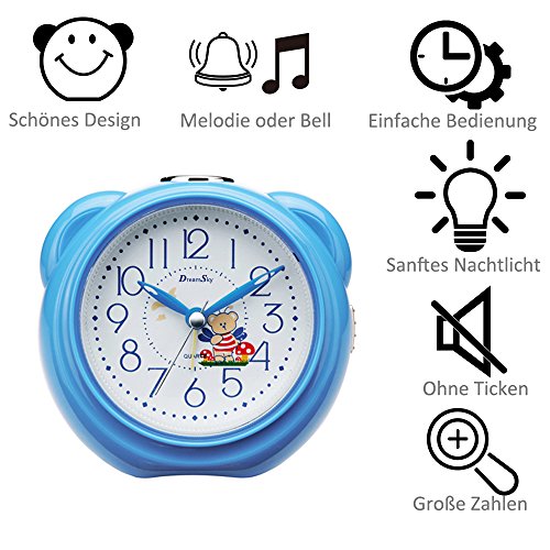 DreamSky Kinderwecker Musik Wecker Analoge Quarzwecker mit 8 Melodien, Schlummerfunktion, Nachtlicht, lauter Alarm, kein Ticken, geräuschlos, Batteriebetrieben(Blau) - 2
