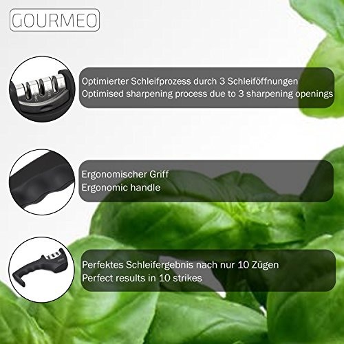 GOURMEO 3-Stufen Profi Messerschärfer für Edelstahl- und Keramik-Messer mit geraden Klingen | für alle Größen, ohne Strom, ergonomisches Design | mit 2 Jahren Zufriedenheitsgarantie | Messer-Schleifer, Knife Sharpener, Scheren-Schleifer, Schleif-System - 2