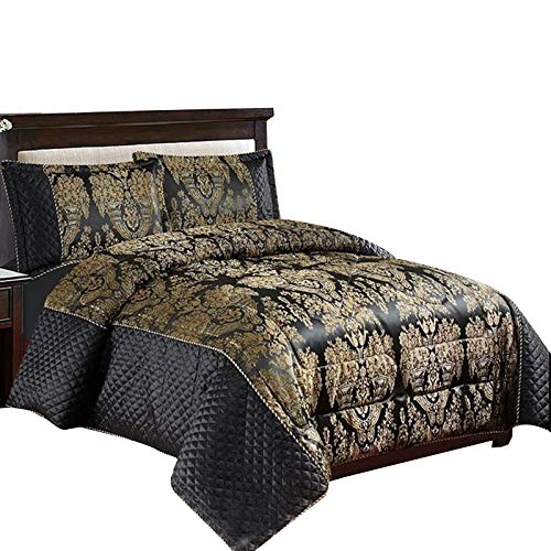 3PC Beautiful Heavy Jacquard Quilted Bedspread Comforter Set (Double, Sandara Black)