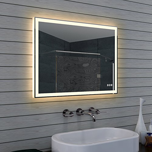 Design Badezimmerspiegel mit Dimmer, Warm und Kaltweiß und Touchschalter 80 x 60 cm