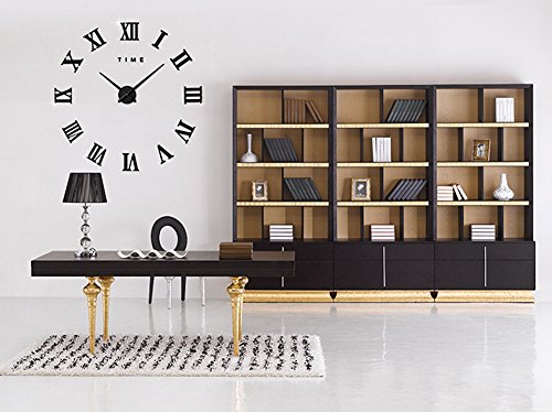 FAS1 Moderne DIY Große Wanduhr Big Armbanduhr Aufkleber 3D Spiegel Aufkleber Römischen Ziffern Wanduhr Home Office Abnehmbarer Dekoration (Akku Nicht Enthalten) Schwarz - 2