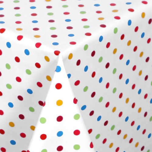 WACHSTUCH TISCHDECKE Abwischbar Meterware - Größe wählbar - 100x140 cm - Glatt, Punkte Bunt/Weiss *Beautex*