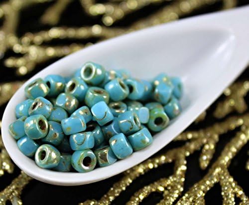 NEW SHAPE 10g Picasso Blue Turquoise 3 Cut Matubo 6/0 Czech Glass Large Hole Seed Beads Spacer 4mm