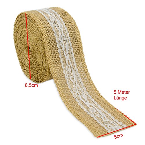 2er SET Jute-, Geschenkband mit Spitze für Weihnachtsgeschenke, Blumensträuße und zur Dekoration, Hochzeitsdekorationen, Tischverzierung oder Geburtstagspresente, Schleife, Farbe: Natur/weiß - 7
