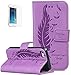 Produktbild ISENPENK Apple iphone 5/5s/SE Flip Case,Original Flip Bookstyle Cover Wasserdicht Shockproof Anti Slip Protection Leather Case,Feder Print Muster Pattern Wallet Case mit Intern Karte Schlitz,Anti-Sturz Stoßfest Stoßdämpfend Triangle Hemming Wallet Tasche,Magnetic Closure Schutzhülle mit Standfunktion und Handy Gürtel für Apple iphone 5/5s/SE 4.0Zoll-[lila]+Panzerglas Folie/Displayfoile/Displayschutzfolie