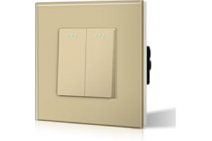 BSEED Interrupteur va et vient Interrupteur à Bascule, Interrupteur Encastrable Bascule, 10A 250V Plaque De Cristal Trempé Or 2 Gang 2 Voie