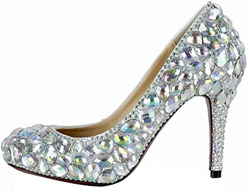 Women Diamond Crystal Shoes Thin High Heels Handmade Leather Nightclub Evening Wedding Party Pumps Bride Bridesmaids Sandals . Silver . 34