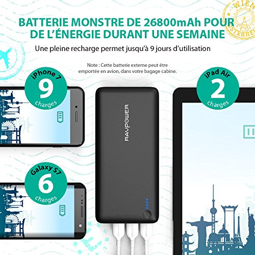 Batterie Externe 26800mAh RAVPower 3 Ports USB Chargeur Portable Li-polym re Autoris en Avion Sortie Totale 5 5A Entr e 2A avec Technologie iSmart 2 0 pour iPhone iPad Galaxy S8 etc - Noir Batterie Externe 26800mAh RAVPower 3 Ports USB Chargeur Portable Li-polym re Autoris en Avion Sortie Totale 5 5A Entr e 2A avec Technologie iSmart 2 0 pour iPhone iPad Galaxy S8 etc - Noir