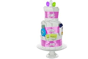 DUBISTDA -WINDELTORTEN- Torta di pannolini per bambine con prodotti per neonati, cucchiai e tè per neonati, idea regalo per nascita/baby shower, colore: rosa