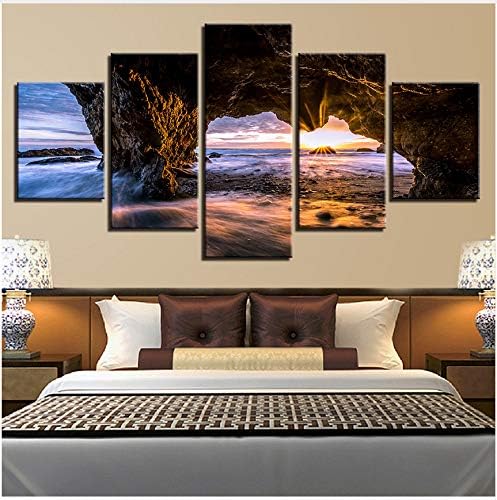 LQWE Canvas Hd Prints Pictures Home Decor 5 Pieces Sunrise Ocean Waves Seascape Painting Wall Art Aperture Of Bridge Poster