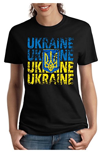 OM3 – UKRAINE – Damen T-Shirt tailliert – UKRAJINA EM 2016 FRANKREICH FRANCE FUSSBALL FANSHIRT SOCCER SPORT TRIKOT EUROPAMEISTER, M, schwarz