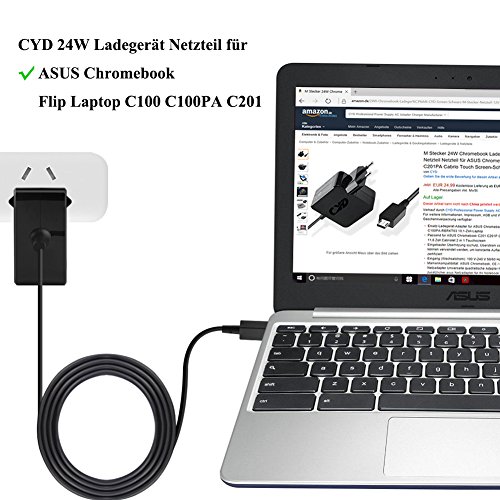 CYD 24W 12V 2A PowerFast-Laptop-Netzteil-AC-Adapter-Charger für Asus Chromebook C100PA C201 C201PA, Cabrio Touch Screen, Passend für asus Notebook C201 C100 C100PA-DB01 C100PA-DB02 C100PA RBRKT03 10.1 Zoll C201PA C201PA-DS01 C201PA-DS02 AD2055320, 8.2 Feet(2.5m) Laptop Ladegerät Adapter Kabel - 2