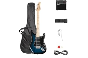 Bonnlo Full Size Electric Guitar Kit for Music Lover Beginner with 20W Guitar Amplifier, Guitar Bag, Cable, Strap, Pick, Tremolo Bar, Tool (Blue)