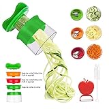 Espiralizador de vegetales 3 en 1: el cortador en espiral crea tres tamaños diferentes de fideos vegetales con tres tipos de cuchillas en un mango en espiral. Equipado con hojas de acero inoxidable 18/8 para la rebanada más afilada y rápida, excelente para crear papas fritas, tortillas, ingredientes para ensaladas, postres y más