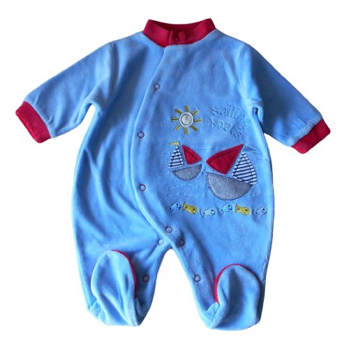 Newborn NB months - Baby Boys Gorgeous Blue SAILING BOATS Velour Sleepsuit Babygrow / Babies Cute Clothes
