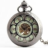 Easy Go Shopping Ausgehöhlte Retro Mechanische Taschenuhr Grünes Zifferblatt Römische Numerals Unisex-Taschenuhr mit Kette