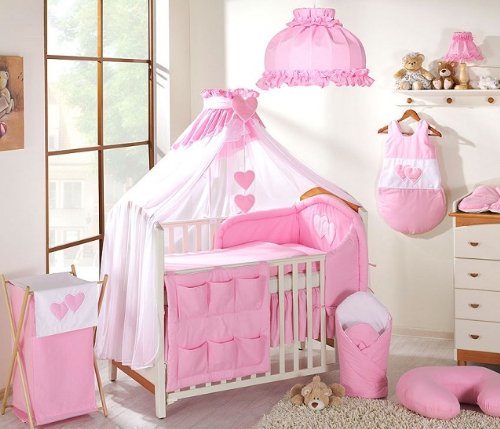 BEDDING SET COT 11 PC PCS PIECES PILLOW DUVET COVER BUMPER CANOPY HOLDER SWADDLE WRAP TERRY SHEET COT TIDY VALANCE SHEET (140 x 70 cm, Pink)