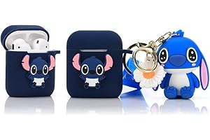 Derhom Silicone Airpods Coperta Carina Divertente Compatibile per Apple Airpods 1 e 2 [Cartone animato Cintura Bambola Serie] (Stitch)