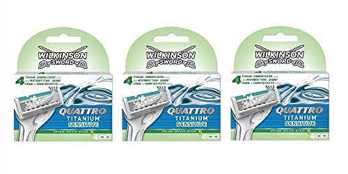 3 X Wilkinson Sword Quattro Titanium Sensitive Blades for Men - 12 Blades - 3 Packs