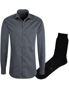 ETERNA Herrenhemd Slim Fit, anthrazit, Cotelé, Haifisch Kragen + 1 Paar hochwertige Socken, Bundle