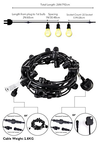 Lichterkette mit 25 Glühlampen Garten Außen- und Innenbereich 25 ft Warmweiß, End-to-End – CE Listed Wasserdicht (Incandescent Bulbs Included) EU Plug - 3
