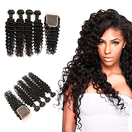 Brazilian Hair 4 Bundles Con Chiusura Deep Curly Silk Lace Closure Top Hair Tessitura Matassa Unprocessed Virgin Hair 18 20 22 24 +16 Inch